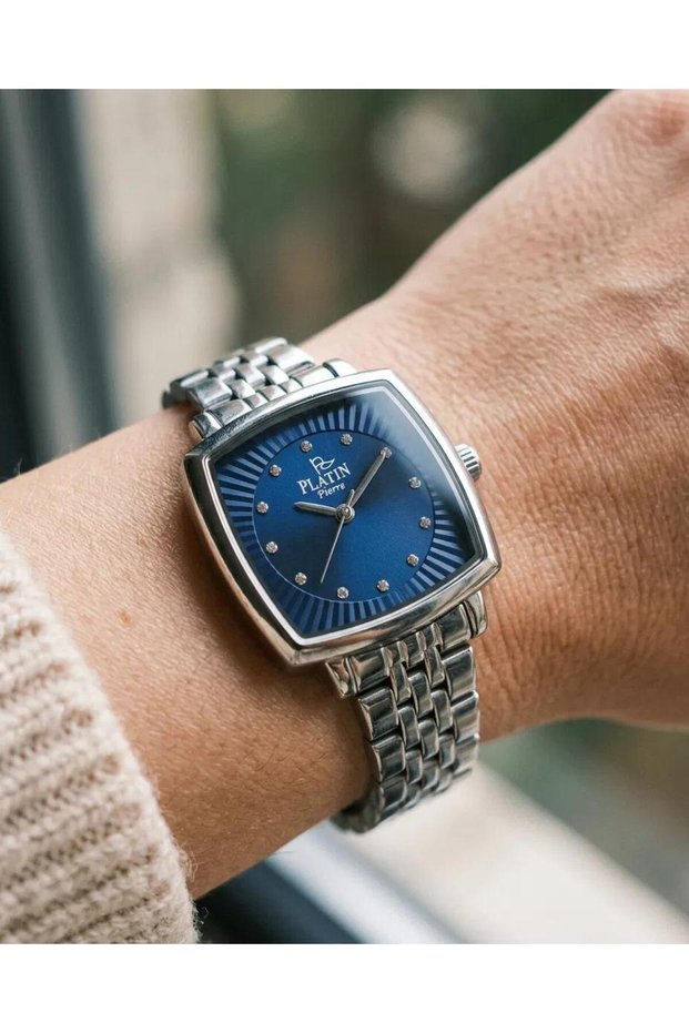 Square Case Blue Steel Dial 2 Year Warranty Stone Detail Women's Wristwatch