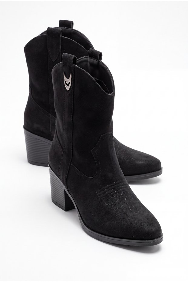 Women's Black Western Patterned Short Cowboy Boots Lahos