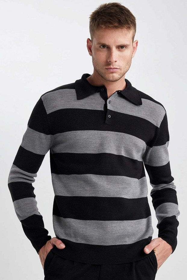 Standard Fit Regular Cut Striped Polo Neck Knitwear Sweater Y4194Az23Wn