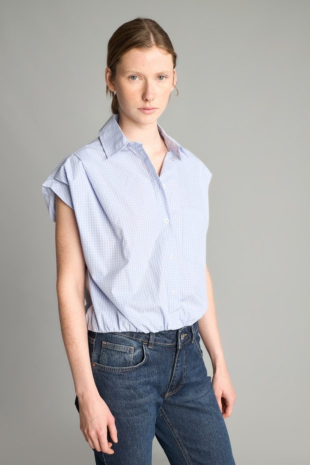 100% Cotton Overshirt Fit Classic Collar Striped Pocketed Poplin Hem Elasticated Sleeveless Crop Shirt I7332