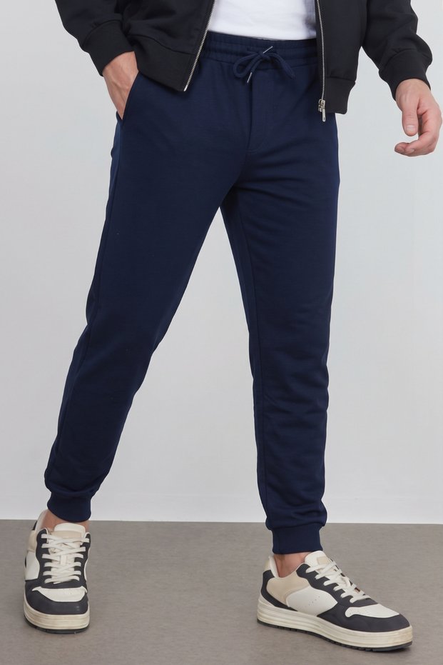 Men's Navy Blue Back Pocket Label Detailed Elastic Leg Regular Fit Sweatpants