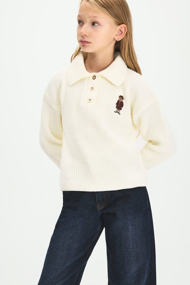 Girls' Relax Fit Polo-Collar Ribbed Teddy Bear-Embroidered Sweater I3600A826WN