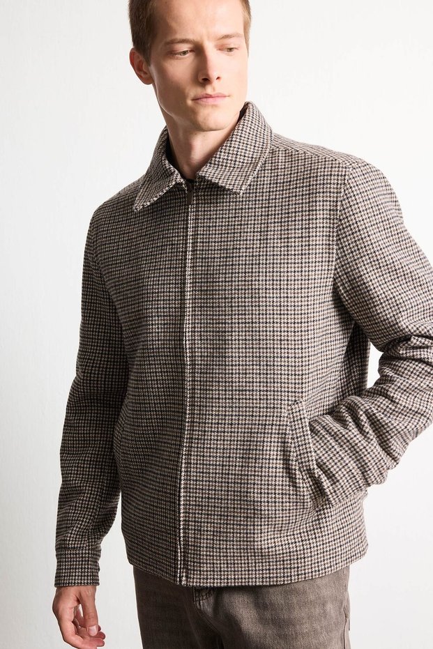 Regular Fit Polo Collar Checkered Pocket Lined Zippered Coat H2628Ax26Au