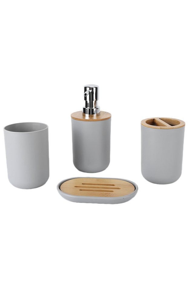 Gray 4Pcs/Set Bathroom Accessory Set Bamboo Waterproof Dispenser Toothbrush Holder Tray Tumbler Cup