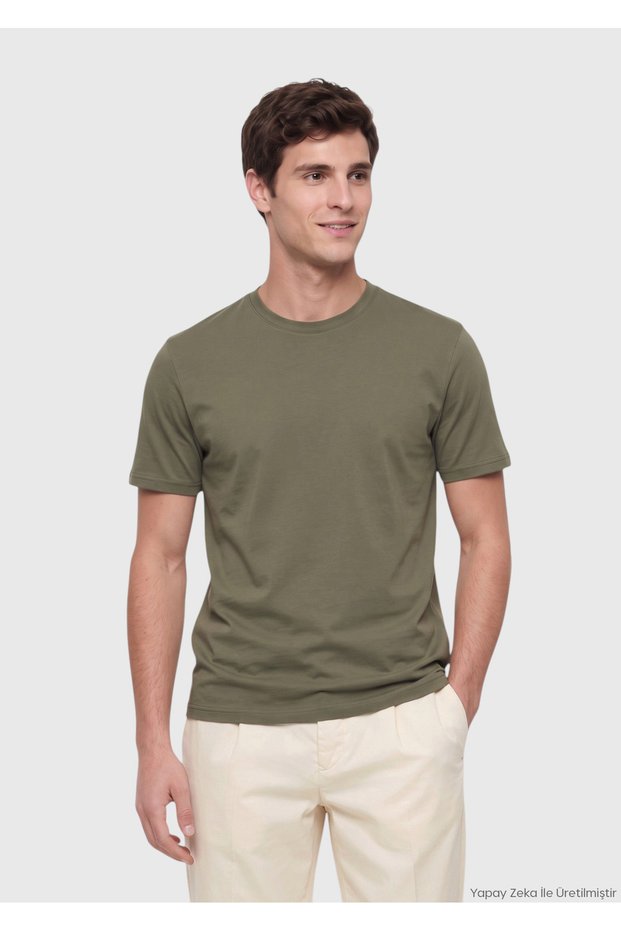 Khaki Plain Crew Neck Cotton Blend T-Shirt
