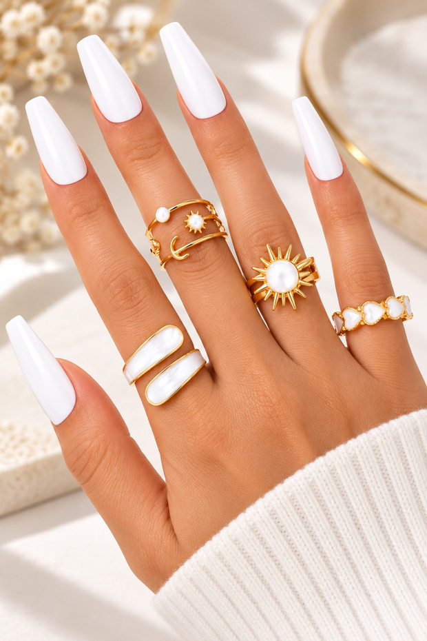 4-Piece Combination White Stone Sun Moon Heart Wave Shaped Adjustable Gold Ring Set