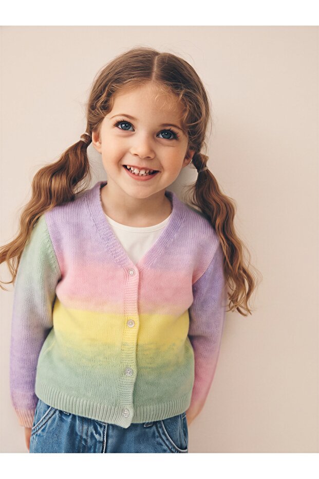 Girl's Rainbow Patterned Buttoned Knit Sweater