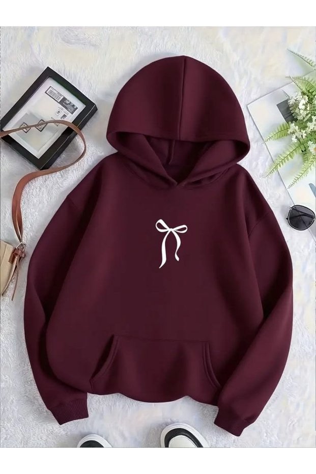 Ribbon Printed Cotton 3 Thread Threaded Oversize Sweatshirt