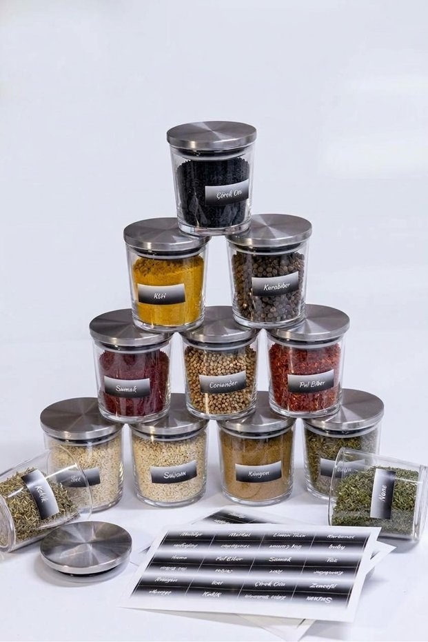 12 Pieces 340 ml Vacuum Glass Spice Container / Storage Container with Metal Lid Stainless Steel Label Gift