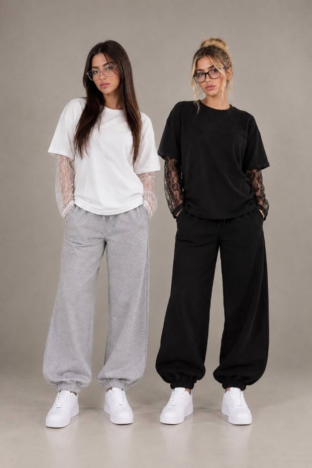 Two Pairs of Track Pants with Elastic Waistband (Black+Grey)