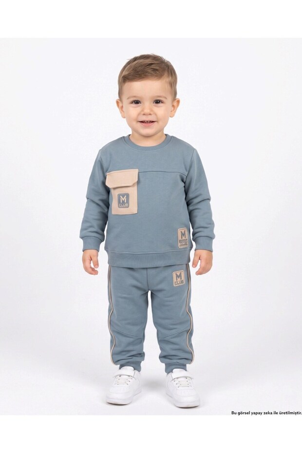Boys' Winter 3-Thread Ribbed Pocket Detailed Thick Tracksuit Set for Ages 2-3-4-5-6