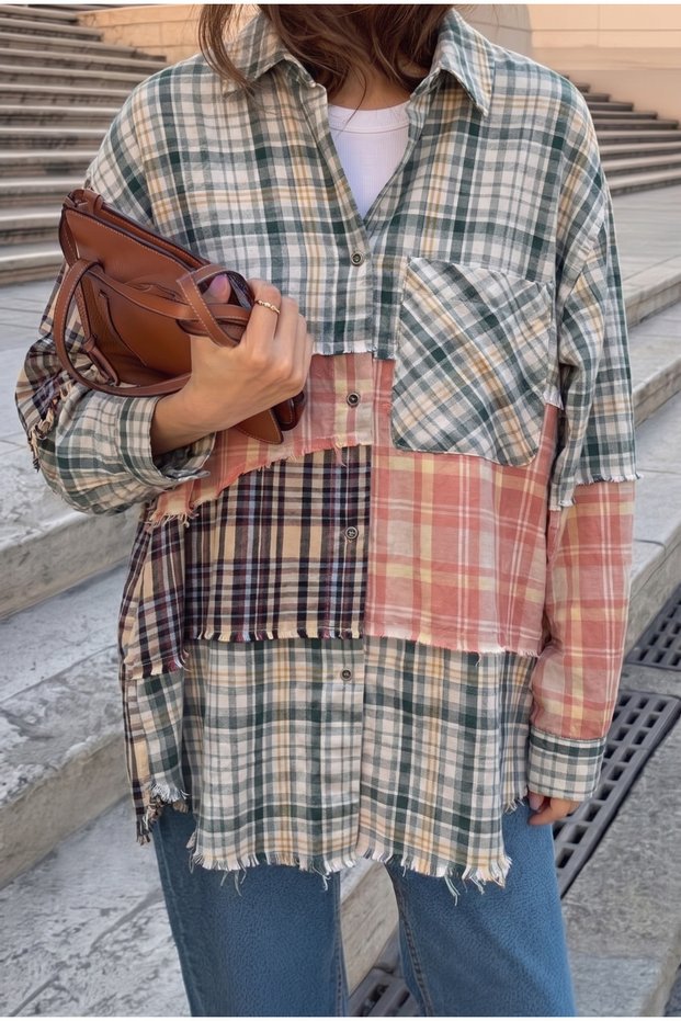 Women's Oversize Patchwork 100% Cotton Shirt Multi-Colored Asymmetrical Cut Tassel Detailed Wide Fit Long Sleeve (Buy 1 Size Smaller)