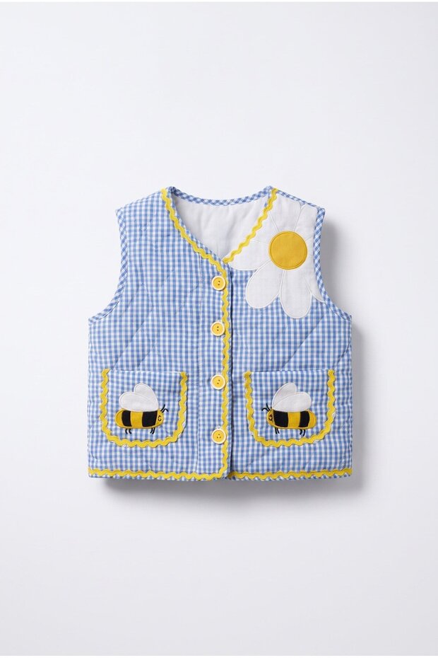 Girl's Gingham Quilted Vest with Bee and Daisy Figures, Buttoned Pockets, Blue and Yellow Vest