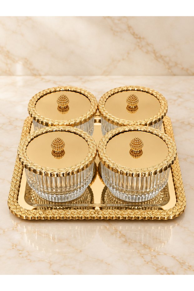 4-Piece Cast Tray Set - Covered Snack Bowl & Sugar Bowl & Bowl Set with Wicker Full Gold Finish