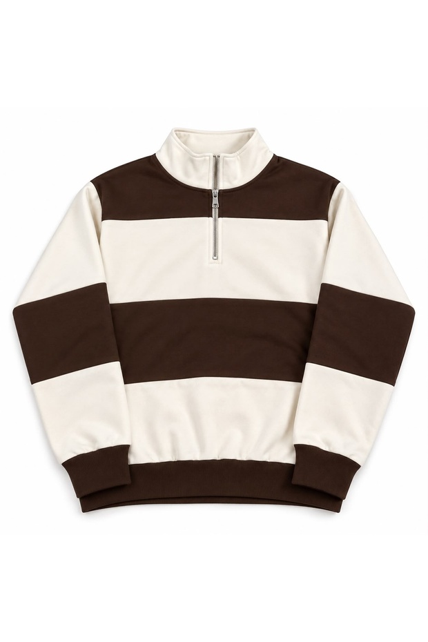 Unisex 3-Thread Brown-White Stand Collar Sweatshirt Printed Premium Oversize T-Shirt