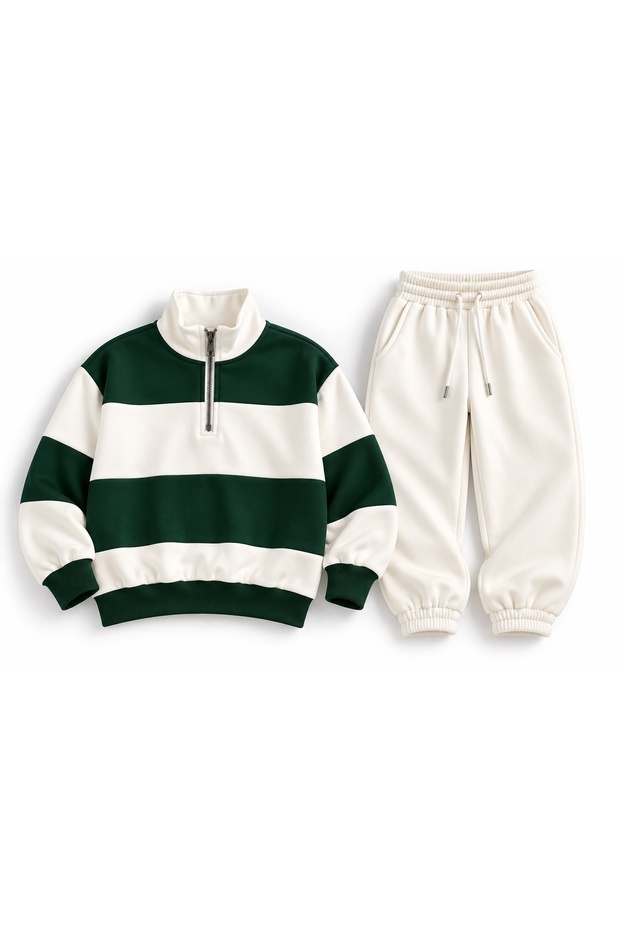 Unisex Neftgreen-White Segmented 3-Yarn Sweatshirt Sweatpants Set Printed Premium Oversize T-Shirt