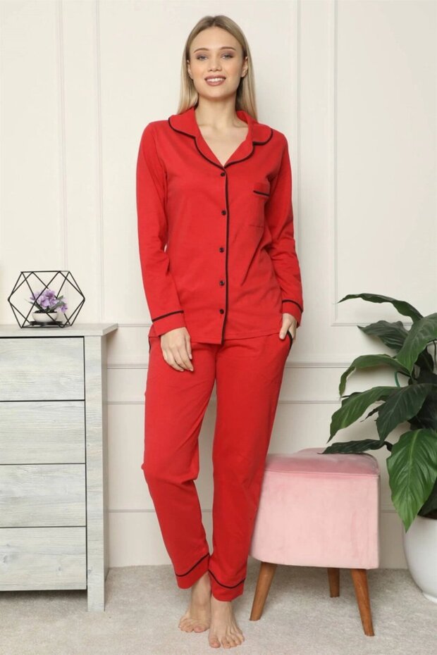 Women's 100% Cotton Combed Cotton Front Buttoned Long Sleeve Pajama Set Red