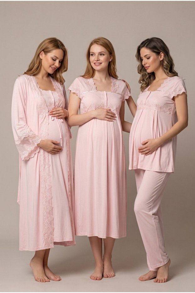Women's Powder Lace Maternity Nightgown and Pajama Set with Easy Breastfeeding Feature