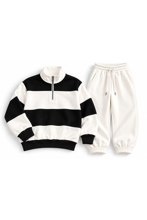 Unisex Black-White Segmented 3-Thread Crew Neck Sweatshirt Sweatpants Set Printed Premium Oversize T-Shirt