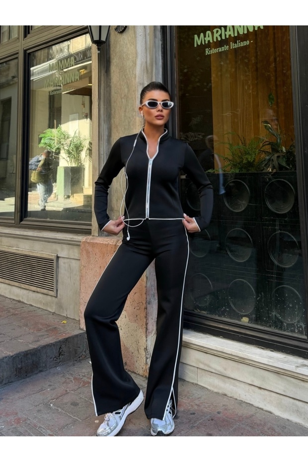 Women's Black Zippered Bottom-Top Set with Piping Detail