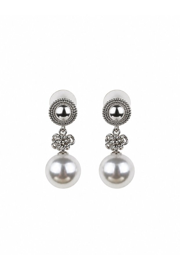 Pearl Detailed Embroidered Silver Earrings