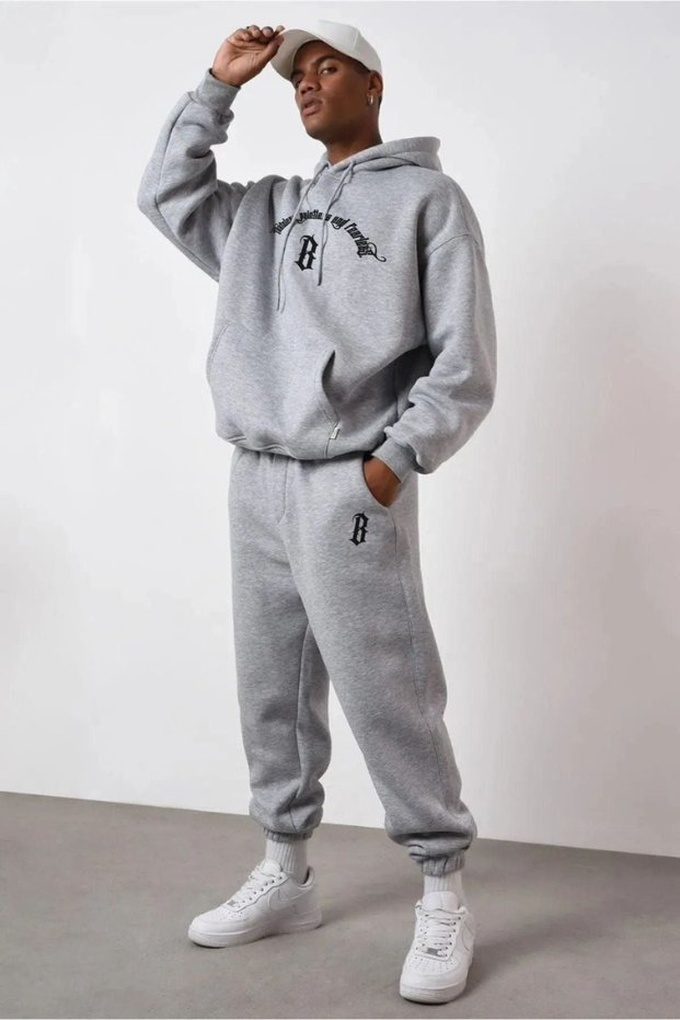 Men's Gray Fearless Printed Oversize Hooded Tracksuit Set