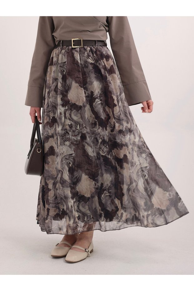 Leather Belted Batik Patterned Chiffon Skirt - 2239 - Bitter Brown & Beige