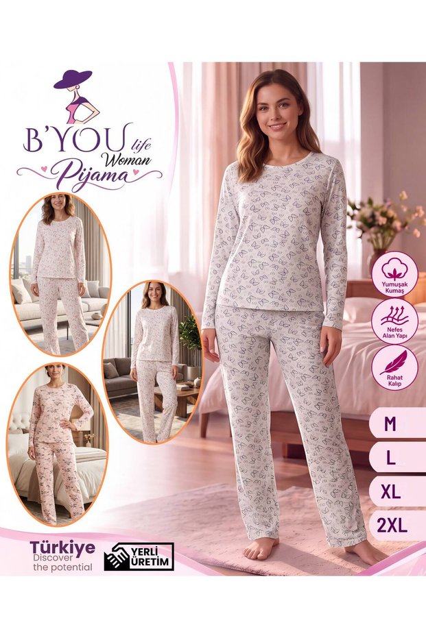 Patterned, Soft Fabric Women's Pajama Set with Ribbon Inside