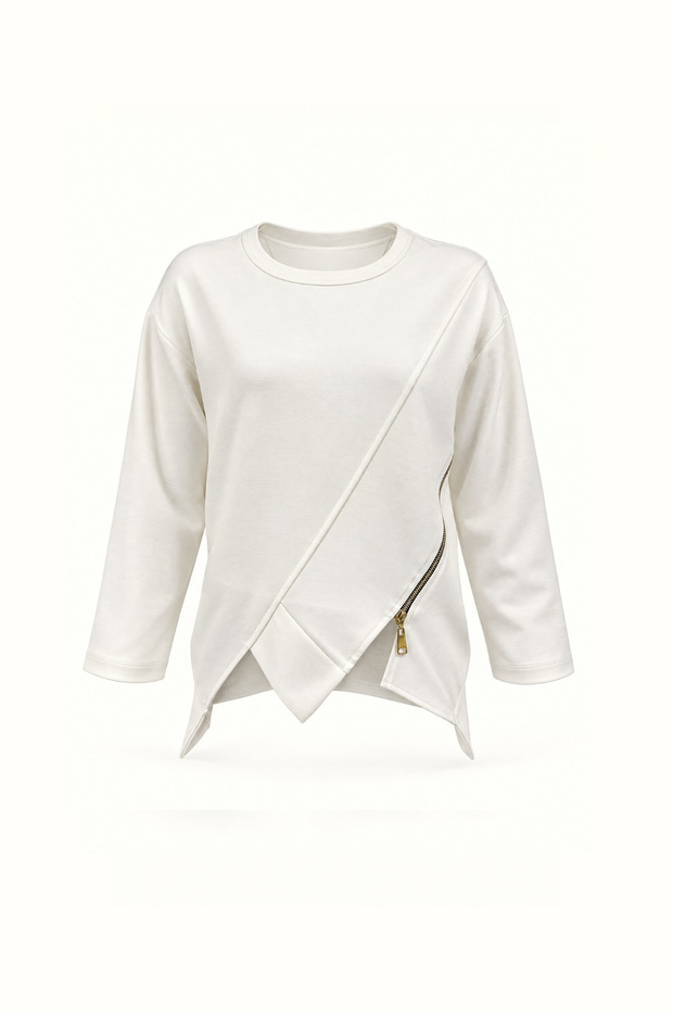 Zipper Detailed Asymmetrical Cut Ecru Sweatshirt