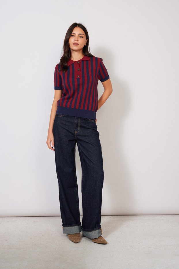 Polo Collar Striped Short Sleeve Knitwear Sweater Burgundy-Dark Blue