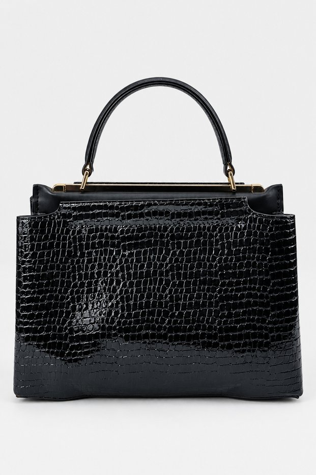 Dila Women's Crocodile Pattern Midi Size Hand and Shoulder Bag - Patent Leather Black