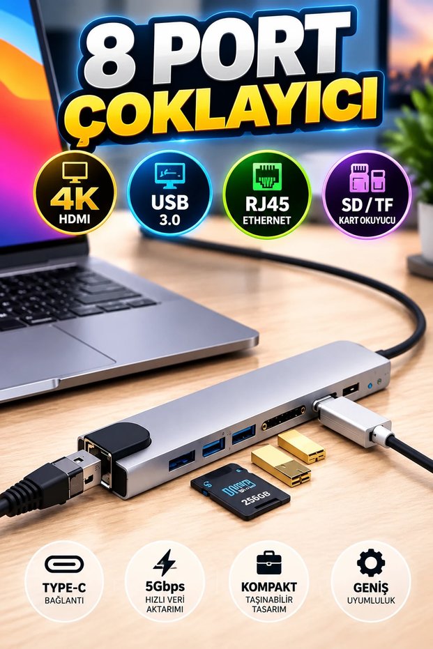 8 Port Type-C Multiplexer – 4K Hdmi, Usb, Rj45 Ethernet, Sd and Tf Card Reader