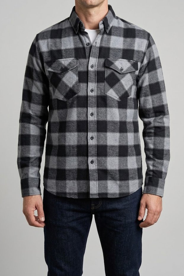 Men's Black-Smoked Slim Fit Checkered Lumberjack Shirt Cotton Thin Flannel Covered Double Pockets