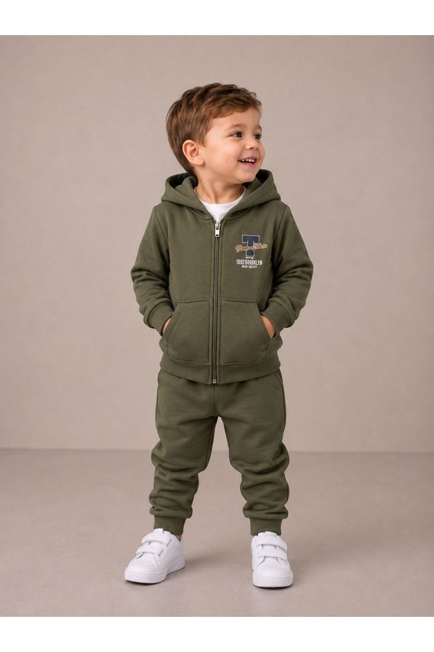 Basic Patterned Hooded Kangaroo Pocket Zippered Printed Boy's Cardigan/Elastic Waistband Sweatpants 3-Piece Set