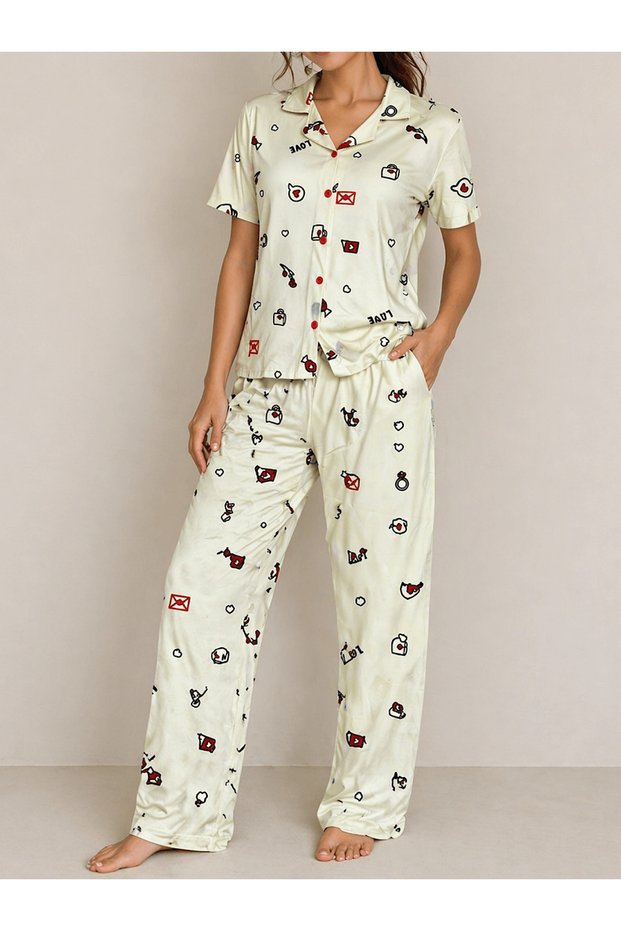 Shirt Collar Patterned Short Sleeve Suede Pajama Set - Light Yellow