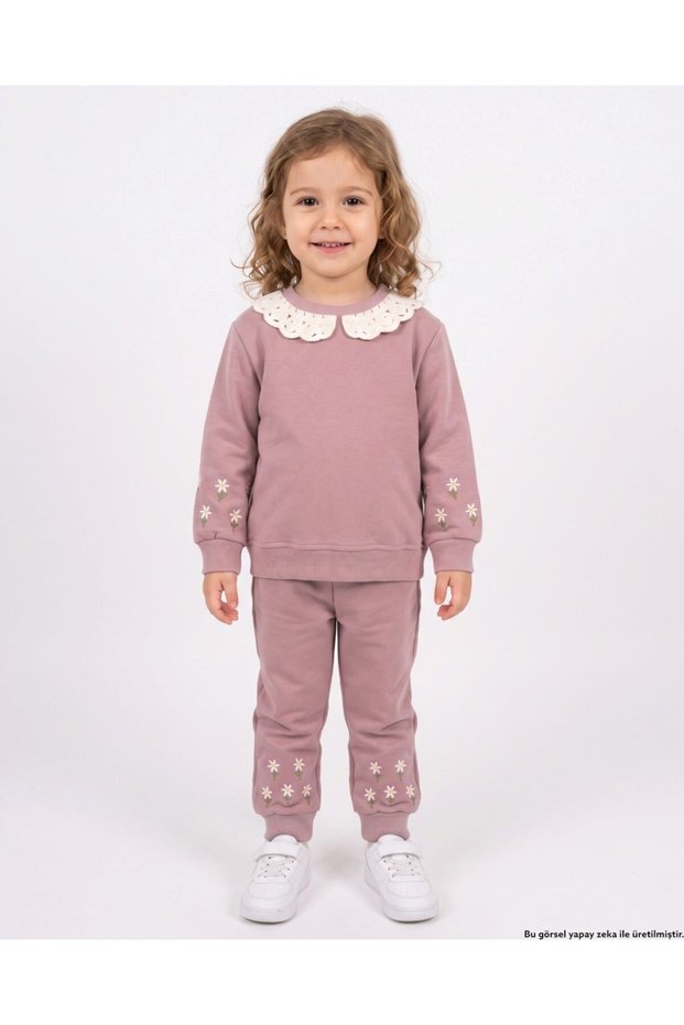 Girl's Winter 3-Strand Ruffled Daisy Detailed, Collared, Thick Tracksuit Set for Ages 2-3-4-5-6