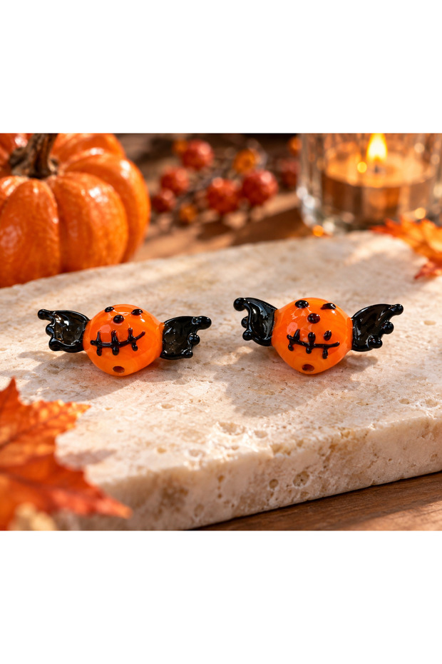 Handmade Murano Glass Bat Pumpkin Beads (2 Pieces)