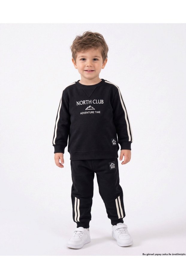 Boys' Winter 3-Thread Ribbed Print Detailed Thick Tracksuit Set for Ages 2-3-4-5-6