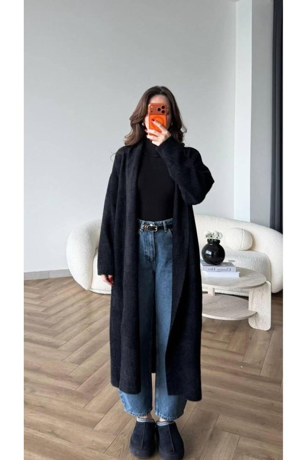 Women's Shawl Collar Oversized Knitwear and Bearded Furry Cardigan