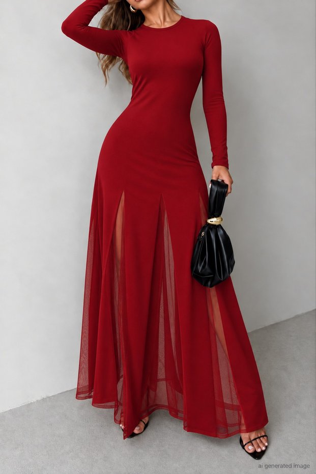 Women's long sleeve crew neck tulle detail long imported crepe dress