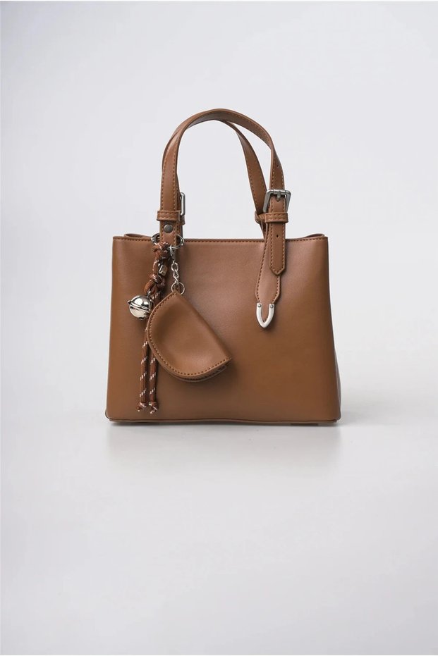 Women's Leather Look Mini Hand and Shoulder Bag with Heart Charm and Metal Buckle Detail Stylish Daily Bag Camel 18480