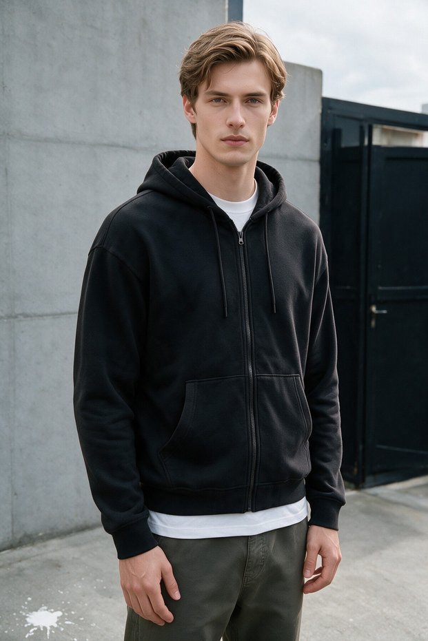 Men's Black Hooded 3-Thread Fleece Zippered Sweatshirt Jacket