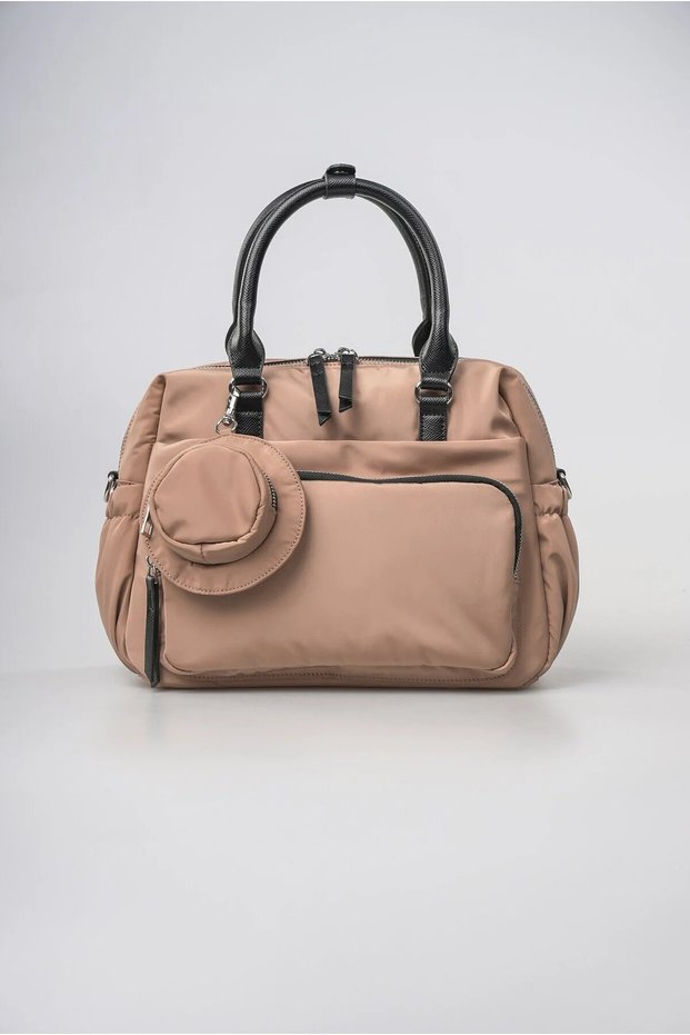 Women's Multi-Pocket Zippered Hand and Shoulder Bag with Hat Charm Detail, Daily Useful Bag, Beige 18546