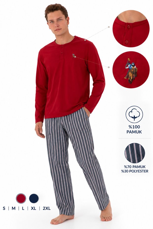 Men's Cotton Long Sleeve Pajama Set – Round Neck with Placket, Striped Bottom, 2-Piece 18E987