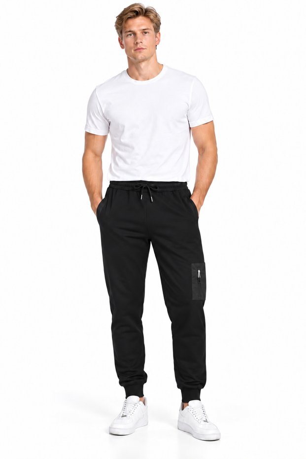 Men's Elastic Leg Side Pocket Detailed Sweatpants Black-5407