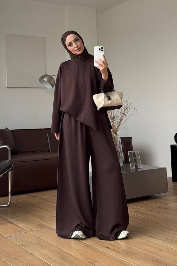 Women's Brown Hijab Oversized Tunic and Wide-Leg Pants Two-Piece Set Nms106