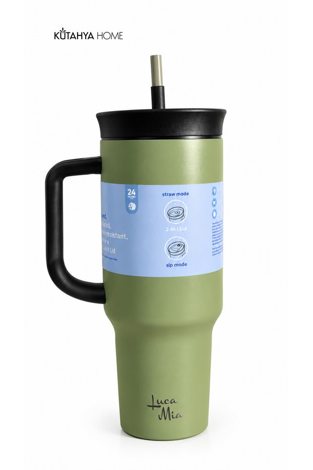 Steel Thermos Flask with Straw 1200 ml with Handle and Lid Green