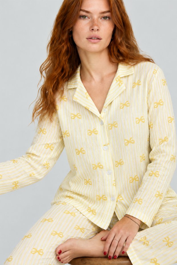 Night Yellow Women's Striped Bow Patterned Long Sleeve Pajama Set 4796