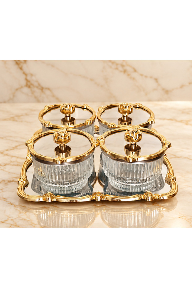 Set of 4 Cast Metal Trays - Covered Snack Bowl & Sugar Bowl & Bowl Set in Rose Gold-Silver
