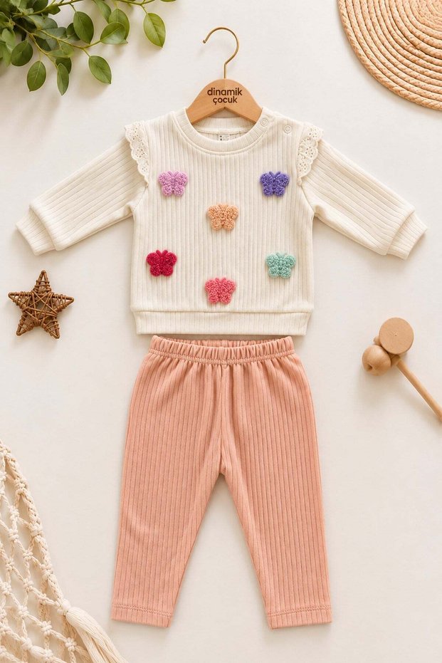 Baby girl colorful butterfly embroidered ruffled ribbed sweatshirt and tracksuit 2-piece set 3-12 months
